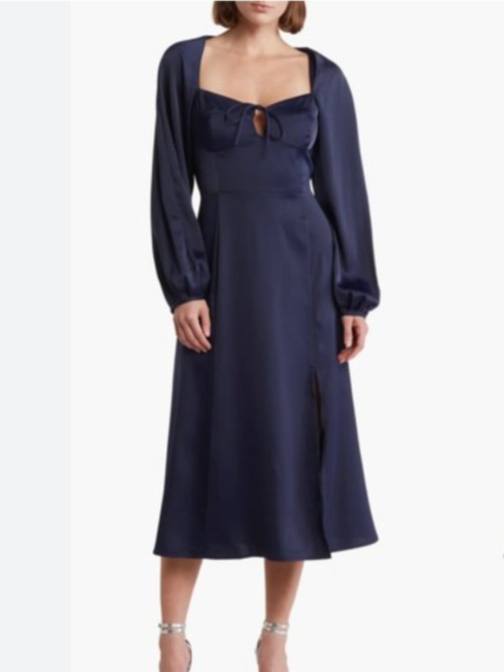 WAYF Navy Satiny Boho Corset Lace-Up Fit & Flare Midi Dress